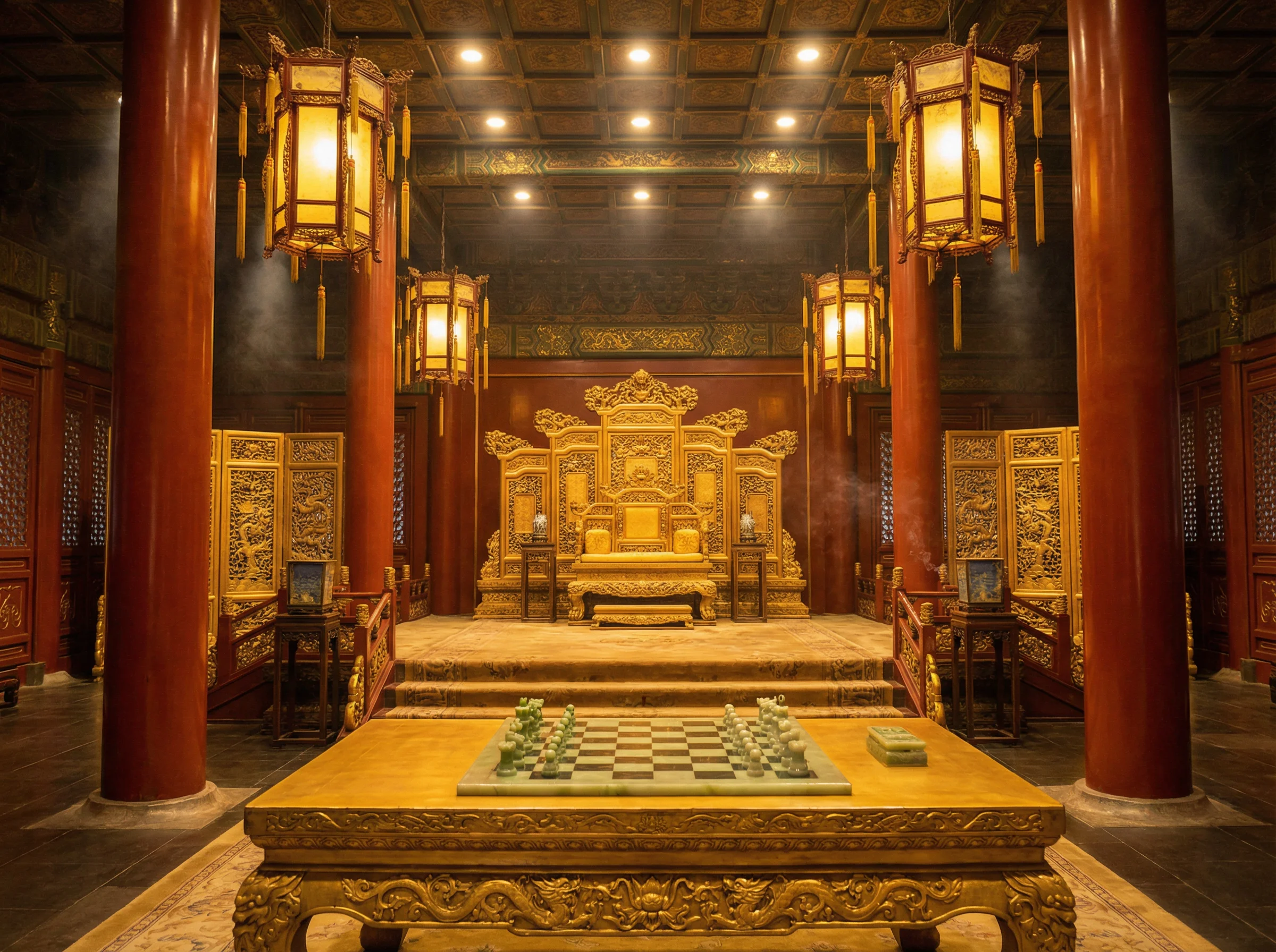 紫禁城金銮殿内景与棋盘 - 慕星棋牌 帝王弈道
